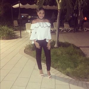 Off the shoulder white ruffle top